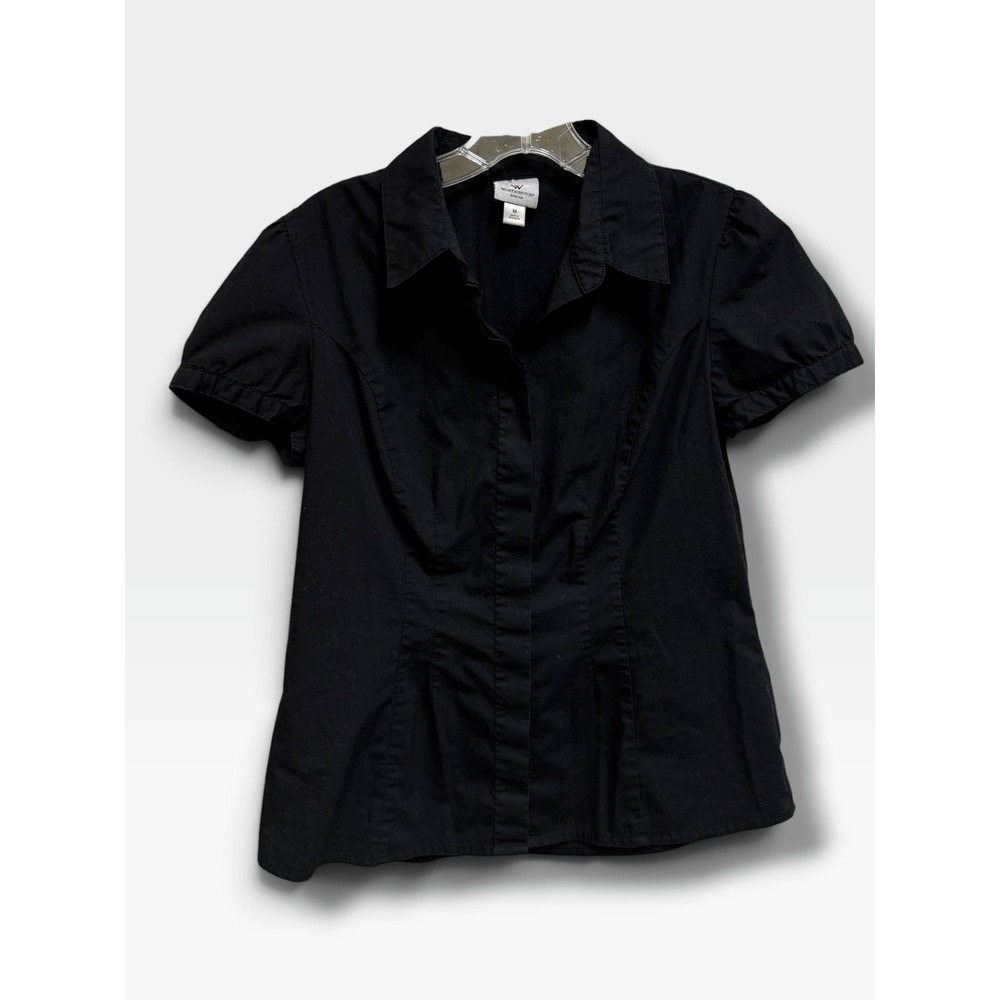 Worthington Stretch Black Tailored Button Front Blouse Shirt Medium M